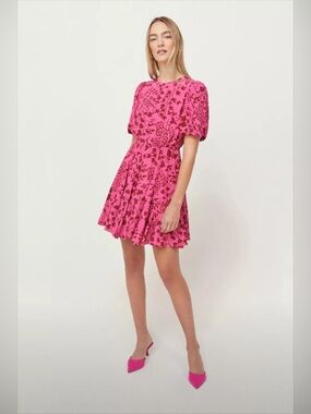 RHODE  GEORGIA GATHERED PRINTED CREPE DE CHINE MINI DRESS IN PINK leaf print S